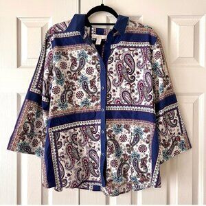 Chicos noniron XL 3 paisley quirky dopamine button up 3/4 sleeve blouse granny